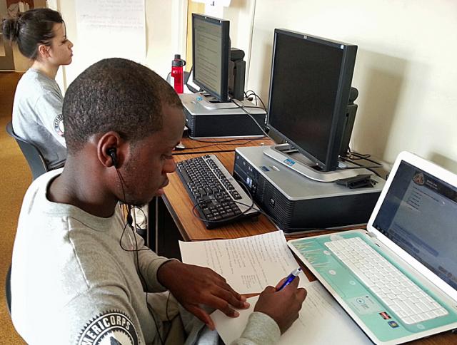Article Thumbnail. Maple 1's Josh Duffey and Kate Yamahiro work on wildfire safety training modules.